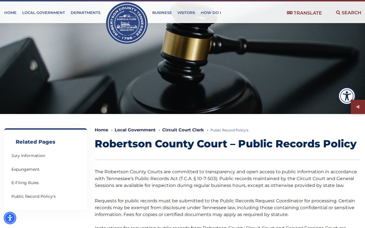 Robertson County court records public inspection policy