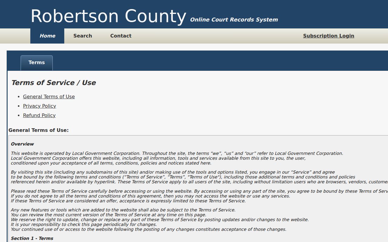 Robertson County criminal docket public system terms and limitations