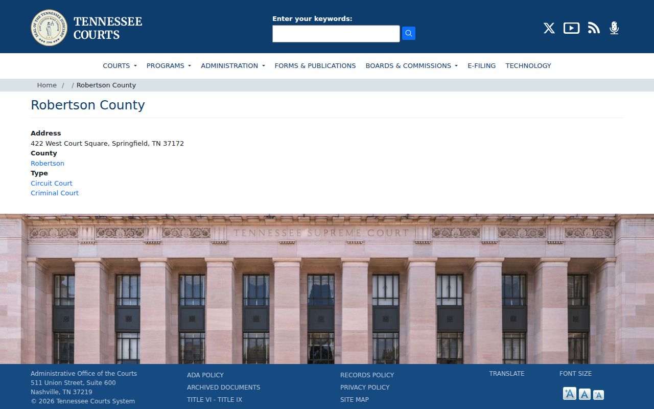 Robertson County court calendar courthouse location