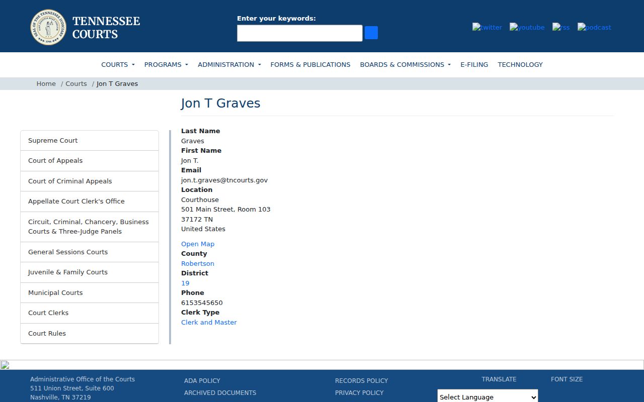 Robertson County Clerk and Master official profile