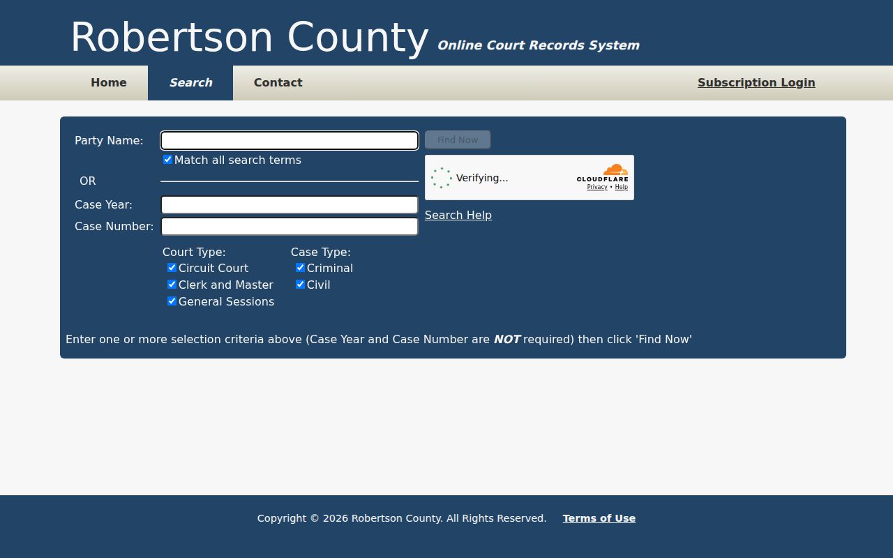 Robertson County case search fields in the online court records portal